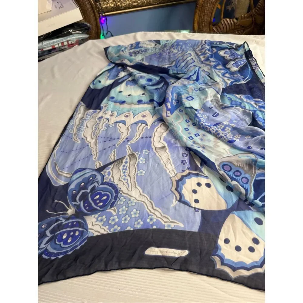 Salvatore Ferragamo Blue Butterfly Floral Silk Chiffon Scarf Italy Large